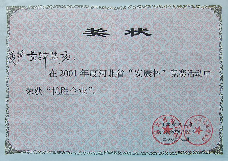 2001年度河北省“安康杯”競(jìng)賽優(yōu)勝企業(yè)